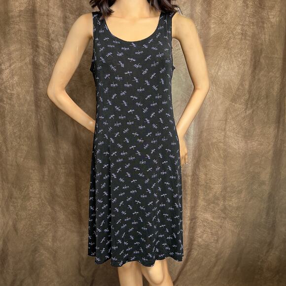 Vintage 90s Glitter Dragonfly Shift Dress Above Knee Midi Black Sleeveless Indie - Picture 8 of 8